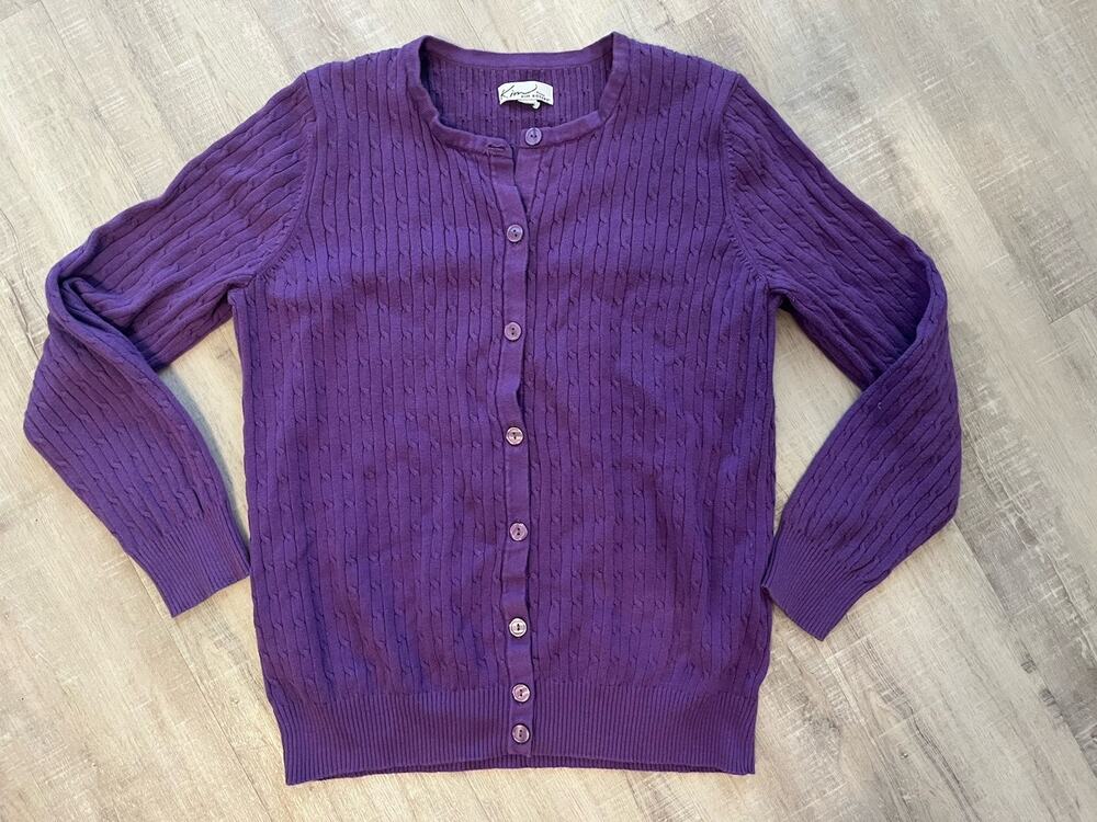 Vtg Cardigan Button Up Kim Rogers Cable Knit Purple M/L